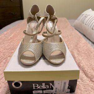 Champagne peep toe pumps with rhinestones!